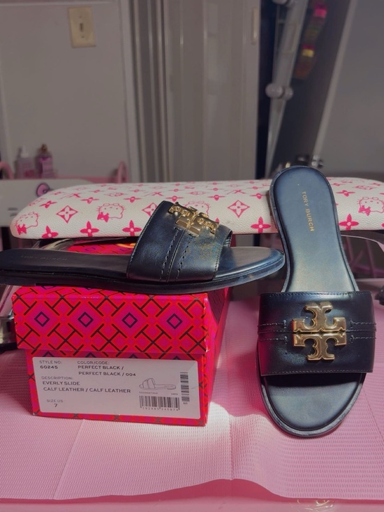Tory Burch Shoes - Tory Burch Black Leather Slide Sandals with Gold Double-T Emblem